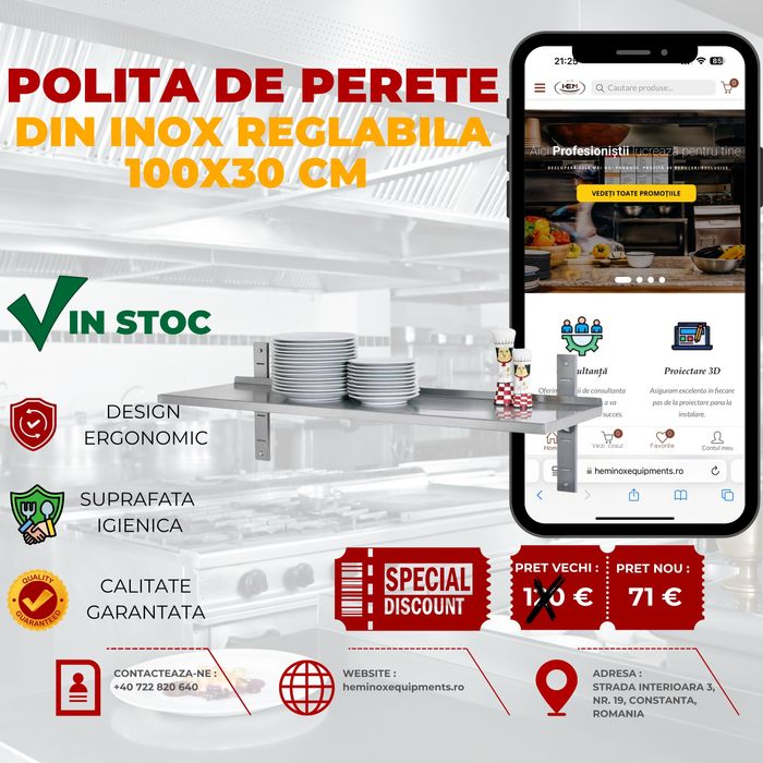 Polita Inox De Perete Reglabila 100x30 Cm