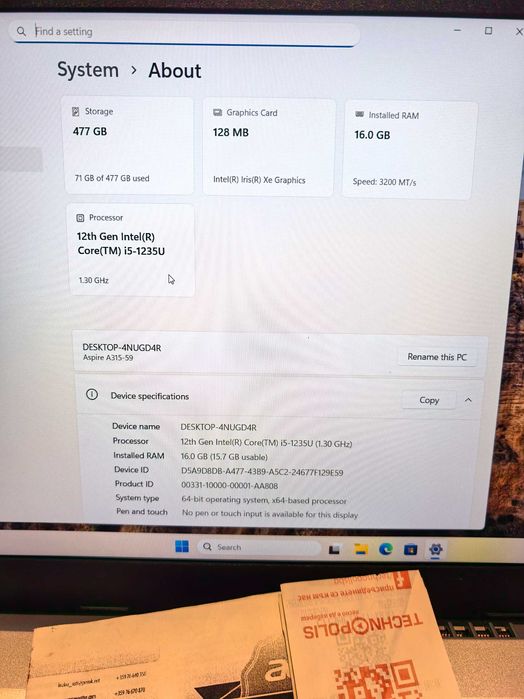 Acer Aspire 3 Intel i5 1235u, 16GB DDR4, 512GB Nvme с Гаранция
