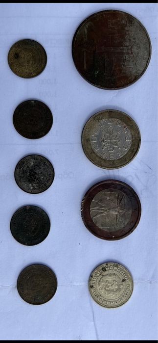 Лот монети и банкнота БГ и две монети евро.