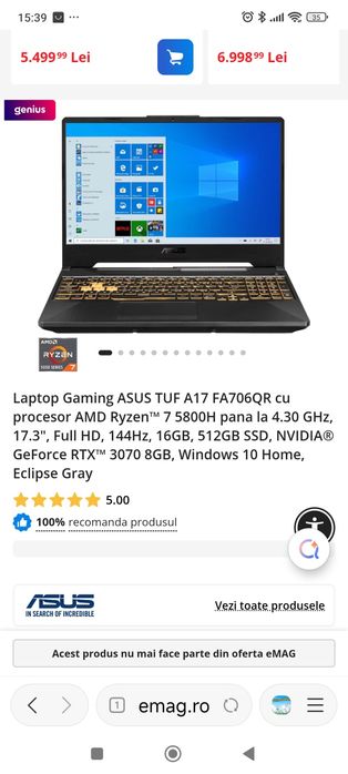 Laptop ASUS Gaming 17.3 TUF A17 FA706QR 32gb ram ryzen 7 5800h rtx3070