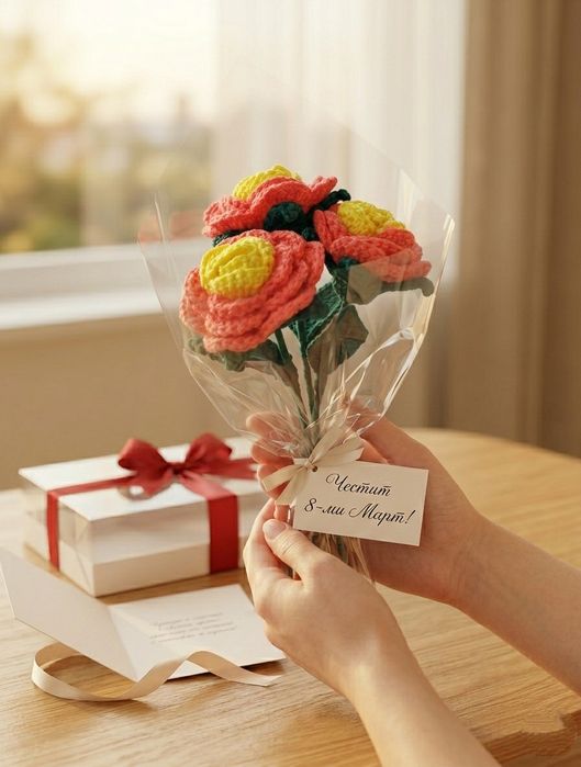 Ръчно плетени букети за 8-ми Март