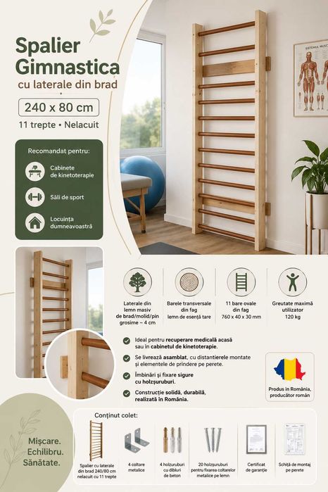 Spalier recuperare 240/80 cm, 11 trepte, nelacuit
