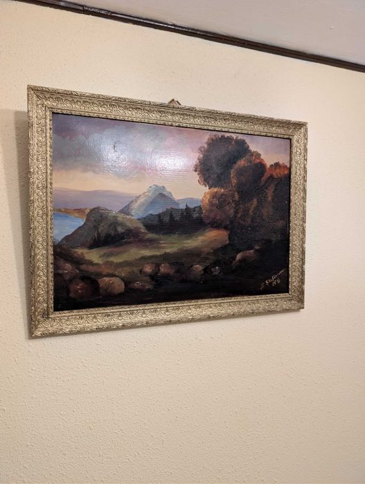 Tablou peisaj în ulei, 80 × 60 cm, cu ramă decorativă