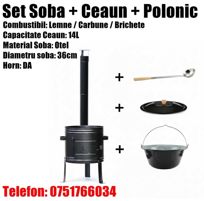 Soba Lemne Gatit Afara Otel Set + Ceaun + Polonic LIVRAT GRATUIT