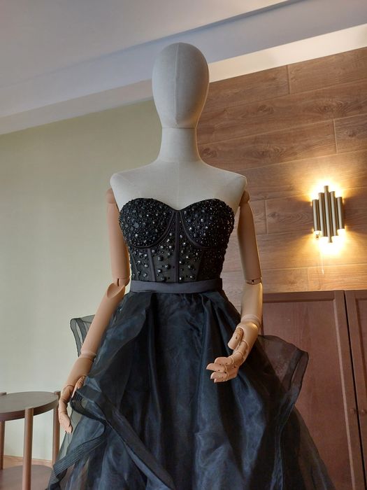 Официална рокля за бал или булка Органза Корсет Камъни Черна Розава