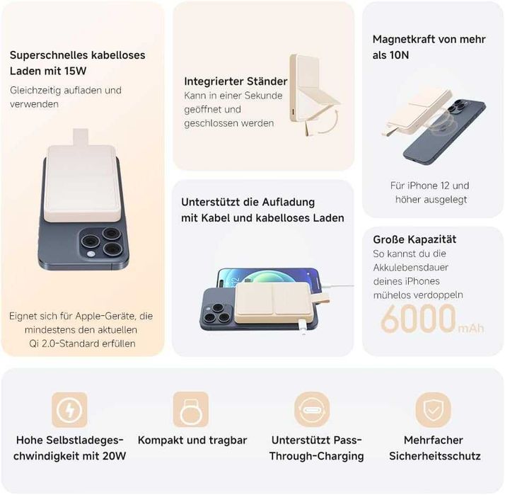 Магнитна външна батерия Xiaomi 15W 6000mAh със стойка (Нова)