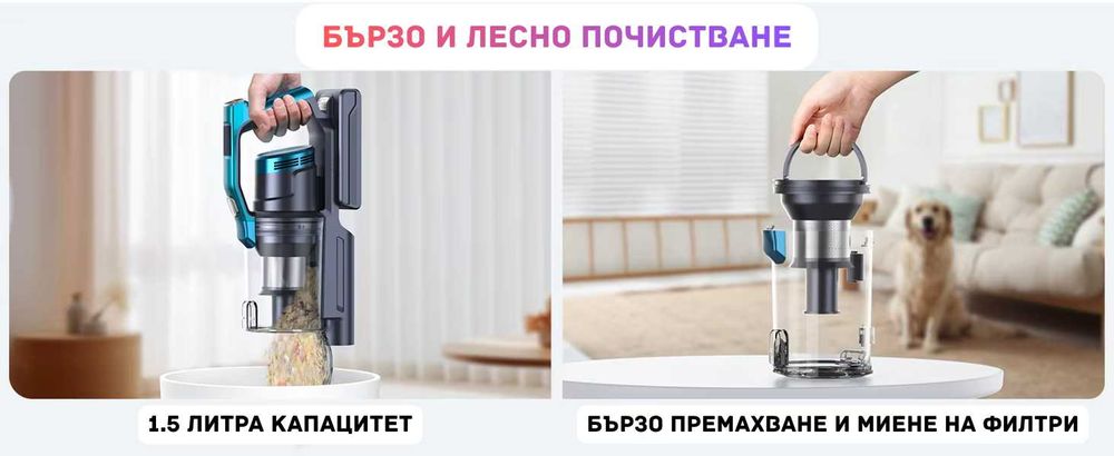 НОВА Мощна безжична вертикална прахосмукачка 450W 3 режима, 55 мин раб