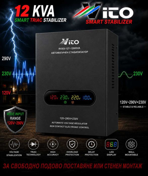 12 KVA ( 9.6KW ) МОНОФАЗНИ  НИСКОВОЛТАЖНИ Симисторни/TRIAC/ Стабилизатори на ток и напрежение в диапазон 120V-290V с Електронно управление,LED дисплей