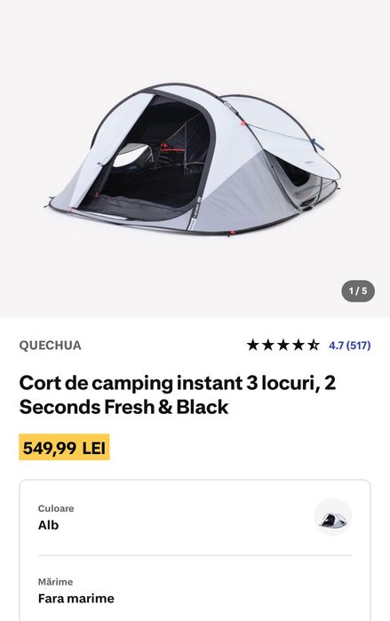 QUECHUA Cort de camping instant 3 locuri, 2 Seconds Fresh & Black
549,99  LEI
