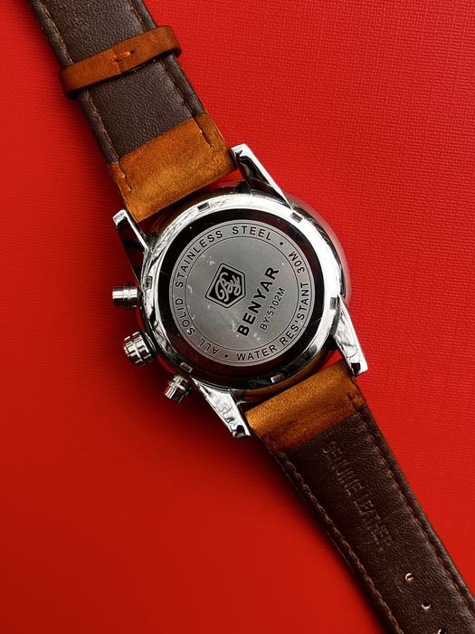 Мъжки часовник Benyar, хронограф, бял циферблат, кафява кожена каишка