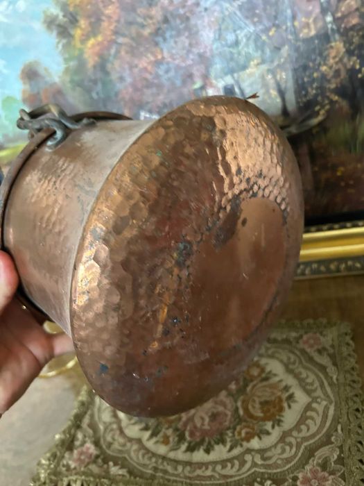 A145 Caldarusa de cupru batut si fier forjat 1,3kg 15x20D cm