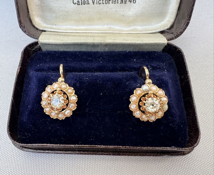 Cercei din aur, diamante si perle