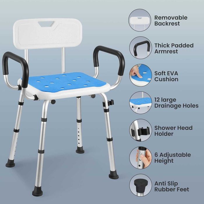 REDUS de la 550 RON, Scaun reglabil baie sau dus din aluminiu cu suport para dus, max 150kg, pt Seniori, Gravide sau Invalizi