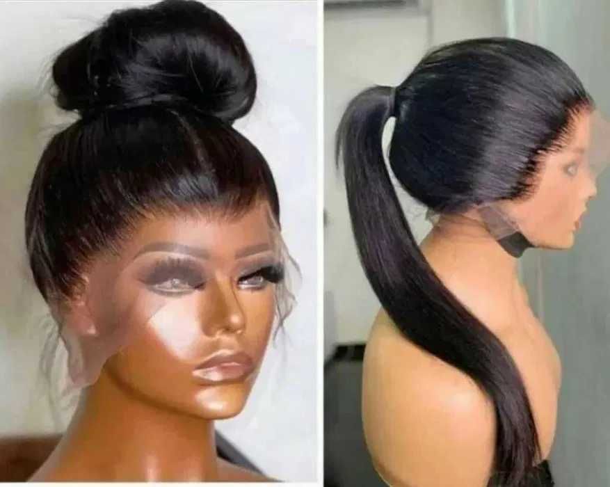 Естествена бразилска черна дълга права перука 80 см, 360° дантела