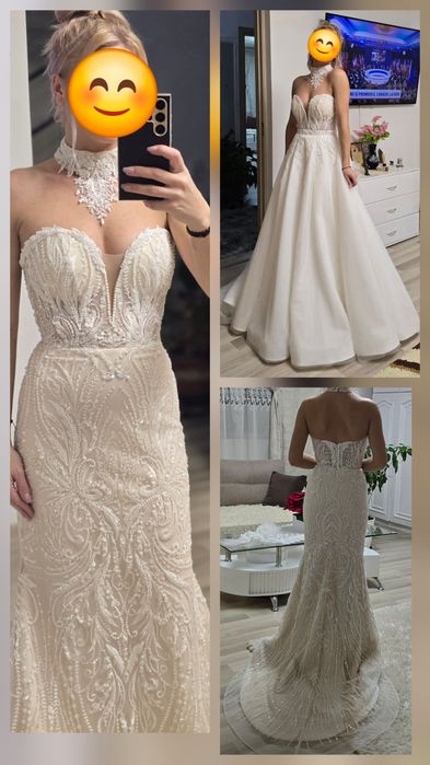 Rochie mireasa  sirena XS / S cu fusta detasabila tip printesa, choker,maneci detasabile, voal