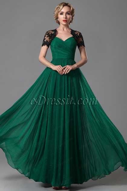 Rochie ocazie verde smarald, lungă, dantelă și șifon, mărime 48 (UK20)