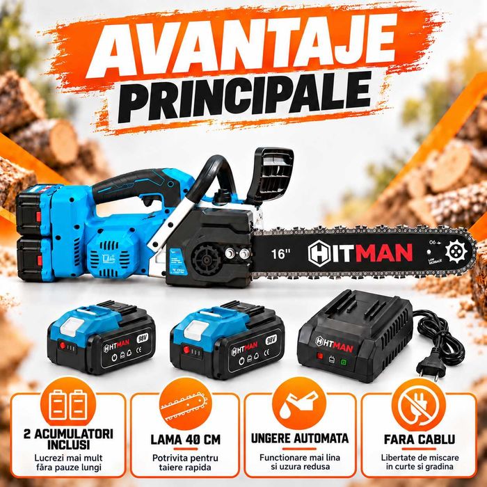 Fierastrau cu lant pe acumulator 98V, 2 baterii, lama 40 cm