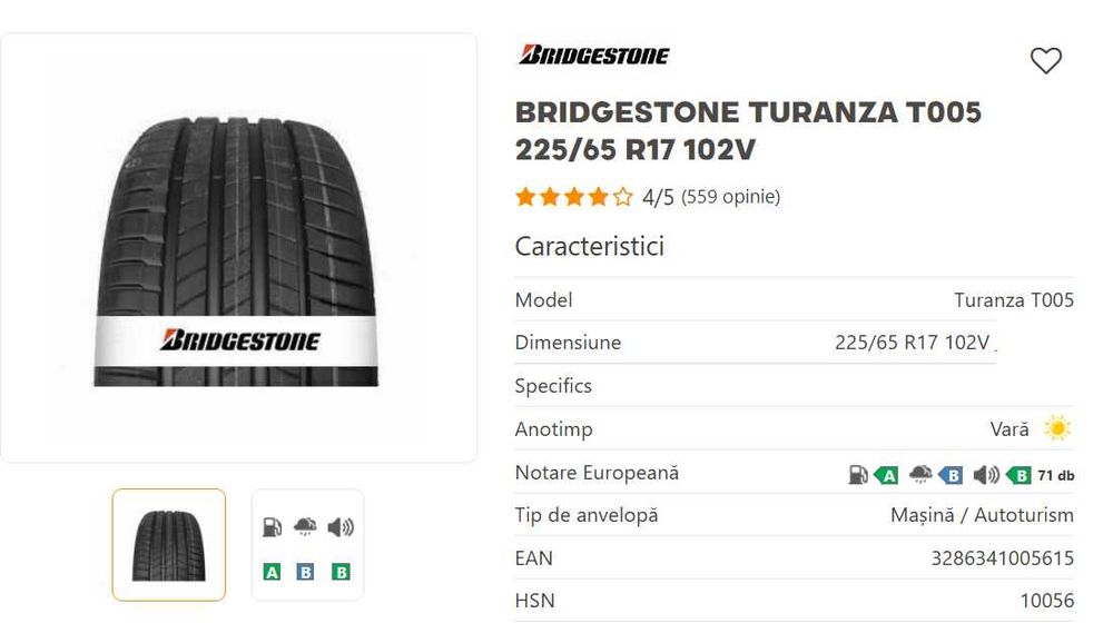 Anvelope Bridgestone Turanza T005 - 225/65 R17”.