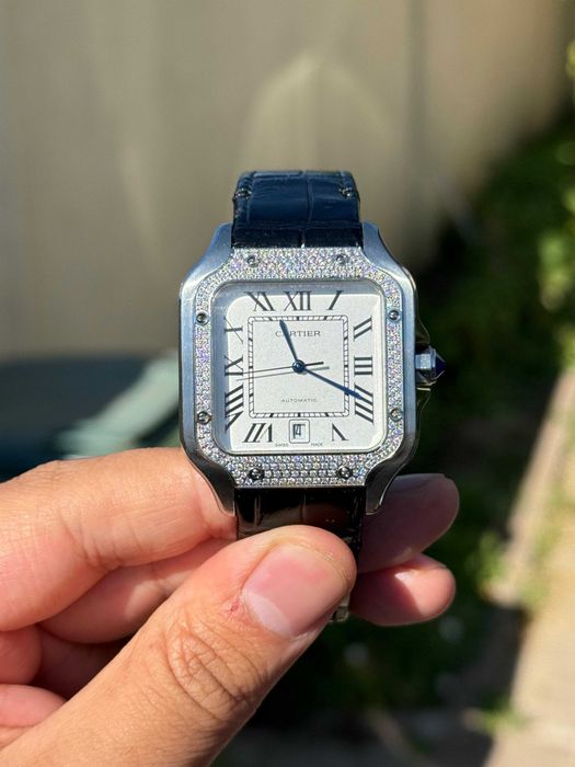 Cartier Santos Steel Diamond Case and Bezel White Roman Dial Black Leather Large 40mm