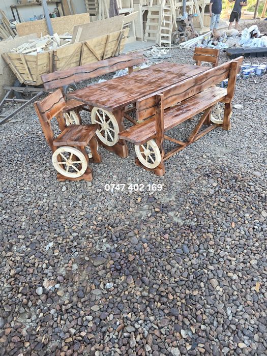 Set masă cu băncute si scaune rustic  din lemn  balansoar leagan