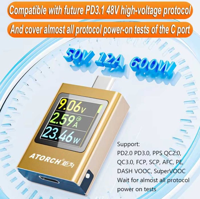 Новинка 2024 новый USB Type-C тестер AT085 DC 4,5-50V 0-12A 600W PD3.1