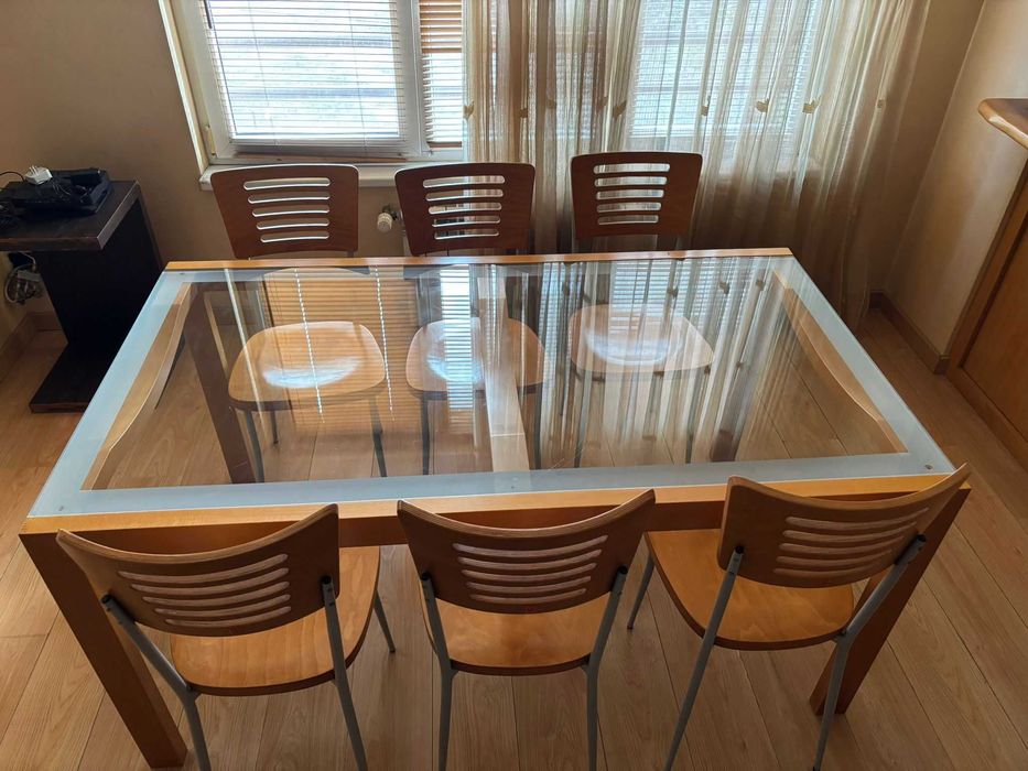 Стъклена трапезна маса 160×90 + 6 стола, дъб/метал, Loft стил