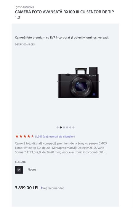 Camera foto avansata cu senzor mare Sony RX100 mk3  iii