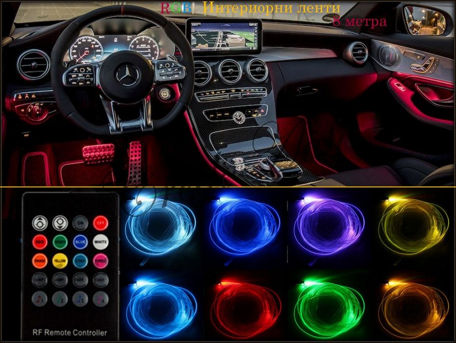 Ново! RGB Интериорна Диодна Лента 2m "S-class" 12v+дистанционно