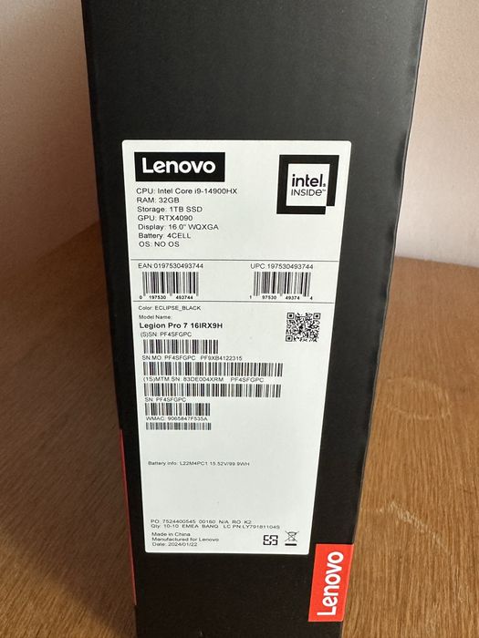Laptop Lenovo Legion Pro 7 i9 14900HX Nvidia RTX 4090  32GB RAM DDR5 1TB SSD Garanție 8 Luni