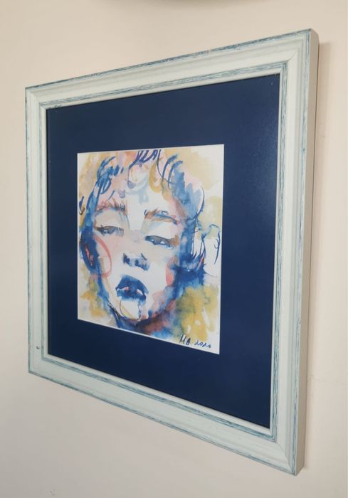 Антикварна картина акварел рамка паспарту авторска поп арт Мадона !