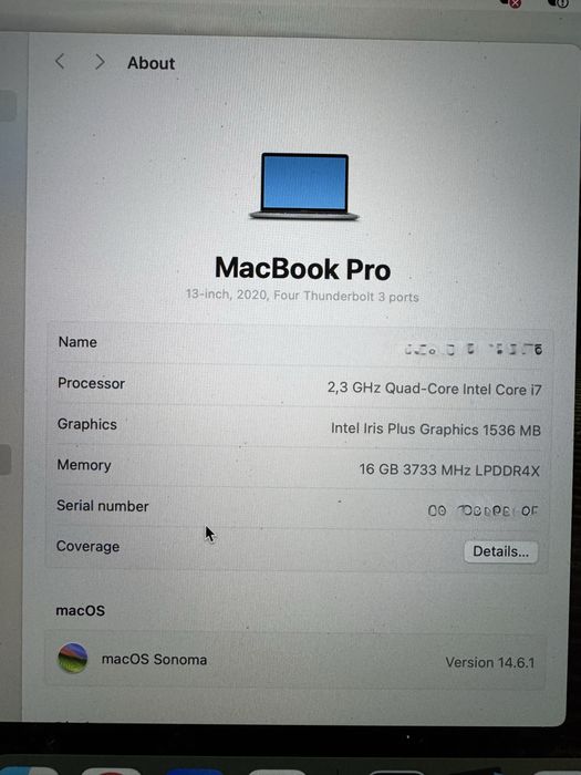 Laptop MacBook Pro 13” 2020 i7 16GB 512 SSD