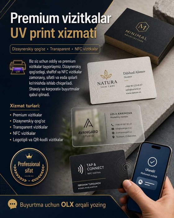 Vizitka tayyorlash — UV print | Logotipli premium vizitkalar
