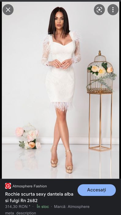 Rochie ocazie, scurta, sexy, dantela alba si fulgi. Atmosphere