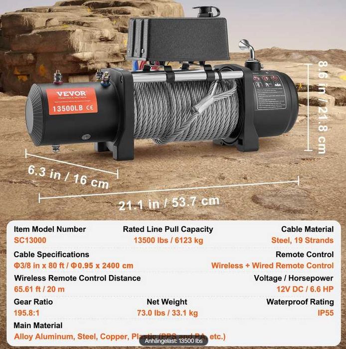 Troliu Auto 13.500 LBS 12V cu Cablu Oțel + Telecomandă Wireless