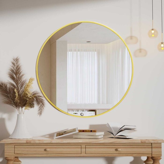 Oglinda rotunda Koonmi, 50 cm, rama din aluminiu, auriu sclipicios