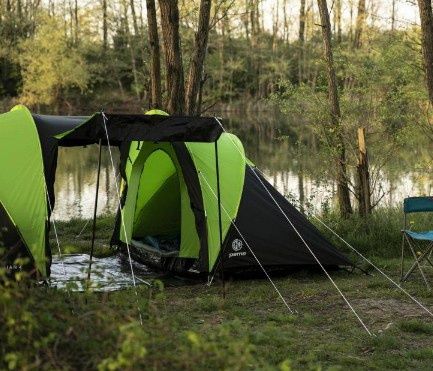 Cort camping Bojan 4, 4 persoane, Impermeabil 4000 mm, Inaltime 140 cm, Montaj rapid, Negru/Lime