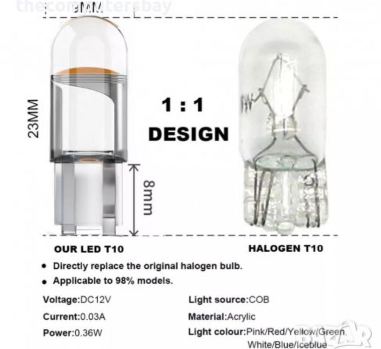 Led крушки T10 W5W габаритни 7 цвята, 12v , 6000k лед лампа