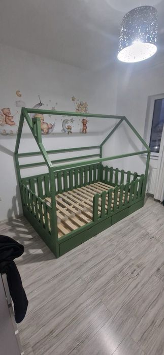 Pat casuta Montessori, pat cu sertare, pat lemn masiv, pat copii