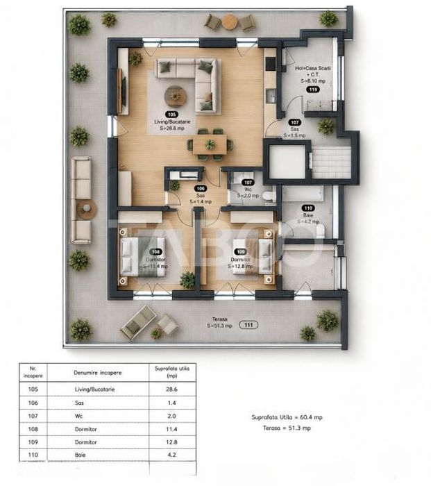Penthouse cu terasa de 51mp de vanzare 3 camere 2 bai 1 parcare Sibiu