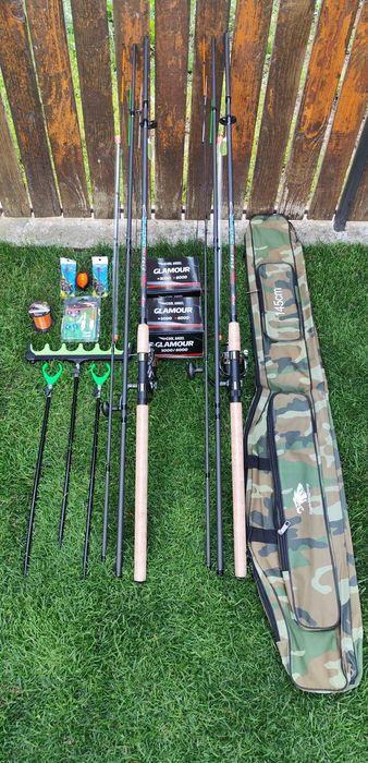 Set Feeder,2 Lansete Carbon Wind Blade Black Fox 3,90m,2 Mulinete Glamour 6000,Geanta,Suporți+2 Monturi+ Matriță+Senzori+ Fir