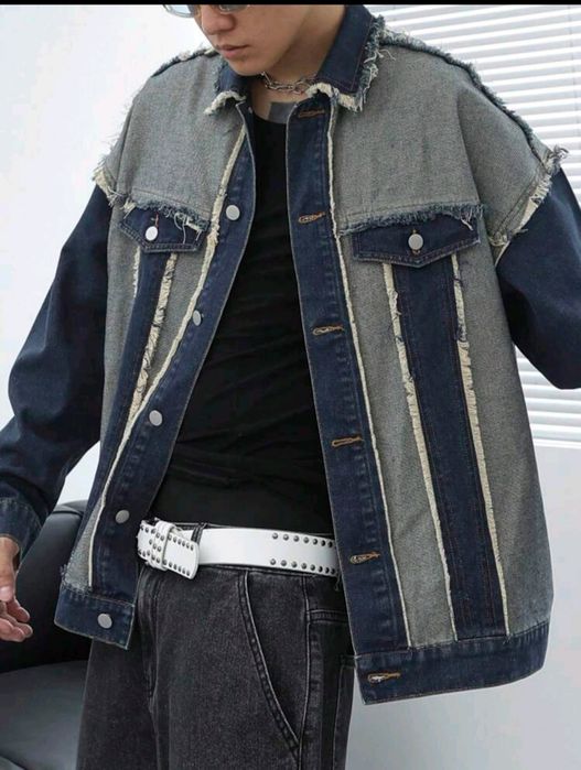 Ново мъжко карго дънково яке риза Street Style изтъркано  деним памук