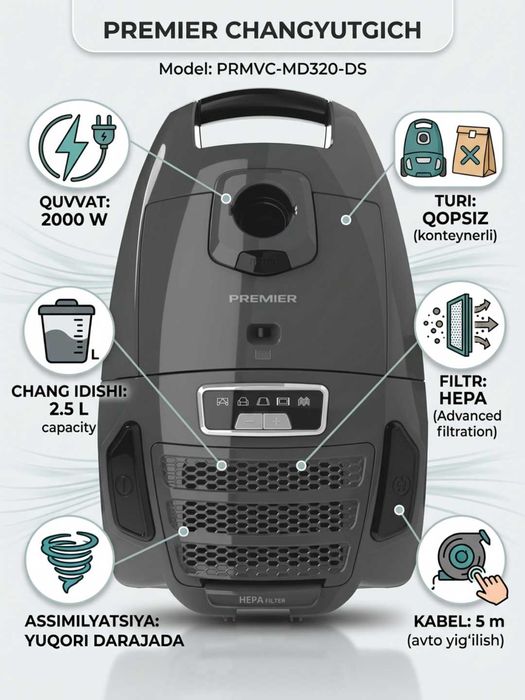 Пылесос | Premier PRMVC-MD320-DS | 2000 Вт | мешок 3.6л | HEPA фильтр