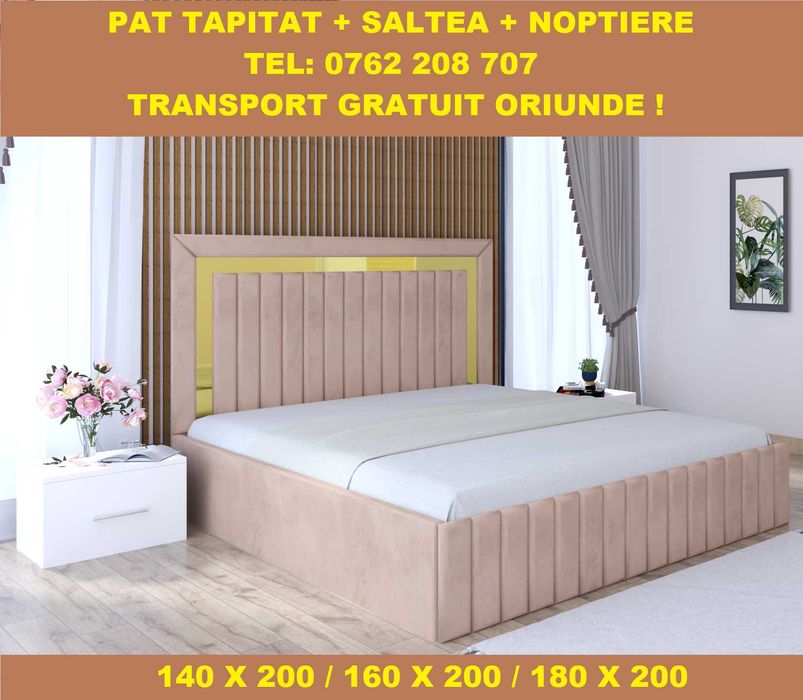 Paturi Tapițate Ieftine cu Saltea, Gri Maro Negru Verde Alb, D28