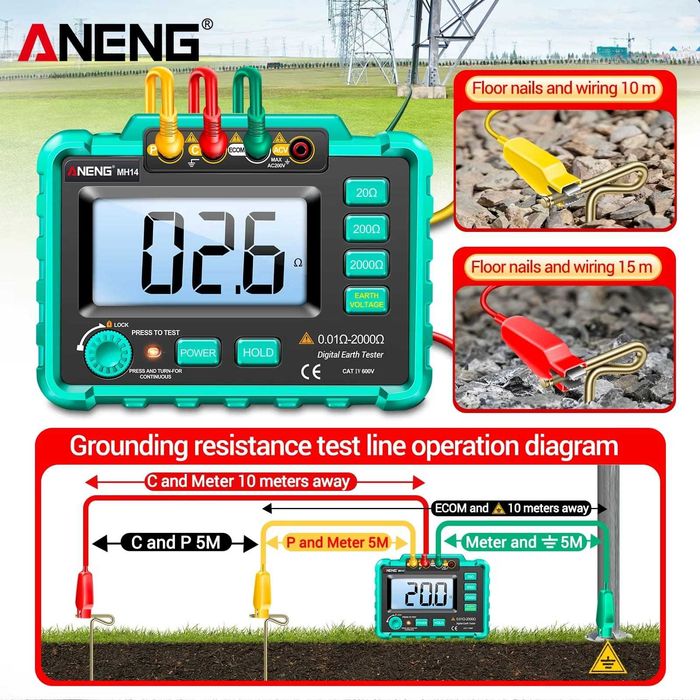 Tester Rezistență Împământare ANENG MH14, Megohmmetru Digital , Afișaj Electronic