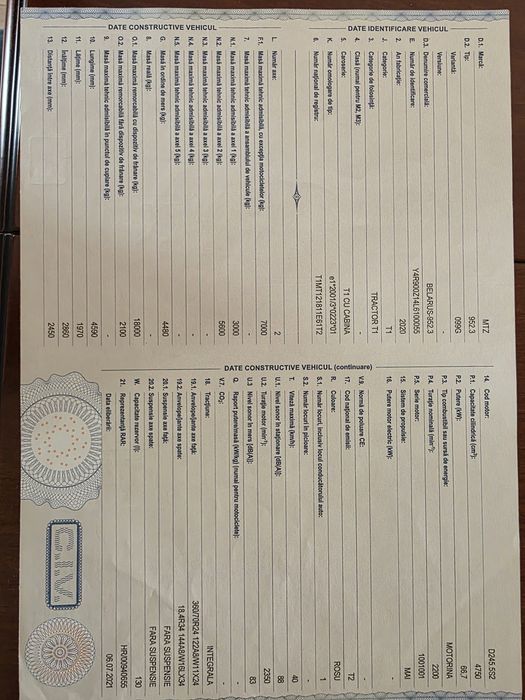 Tractor Belarus 952.3 ,carte identitate vehicul