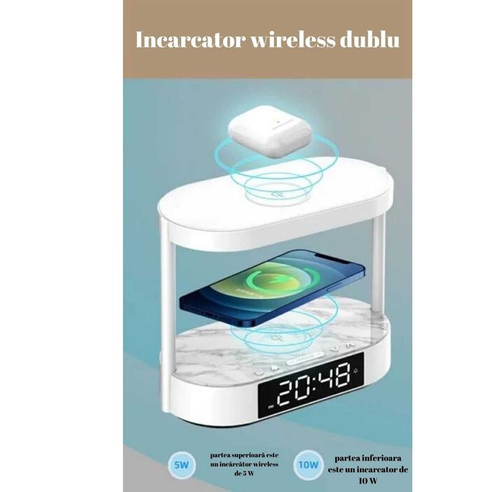 Incarcator Wireless 4 in 1, Lampa Noptiera, Cu Ceas, Alarma