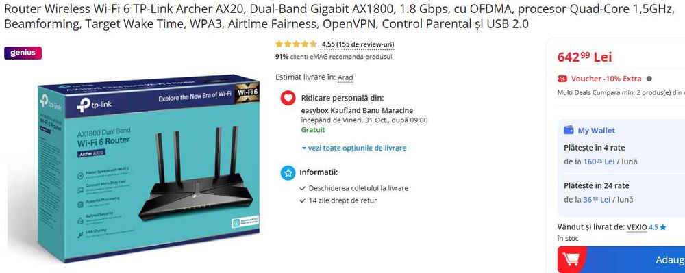 Router Wireless Wi-Fi 6 TP-Link Archer AX20 Dual-Band AX1800 1.8 Gbps