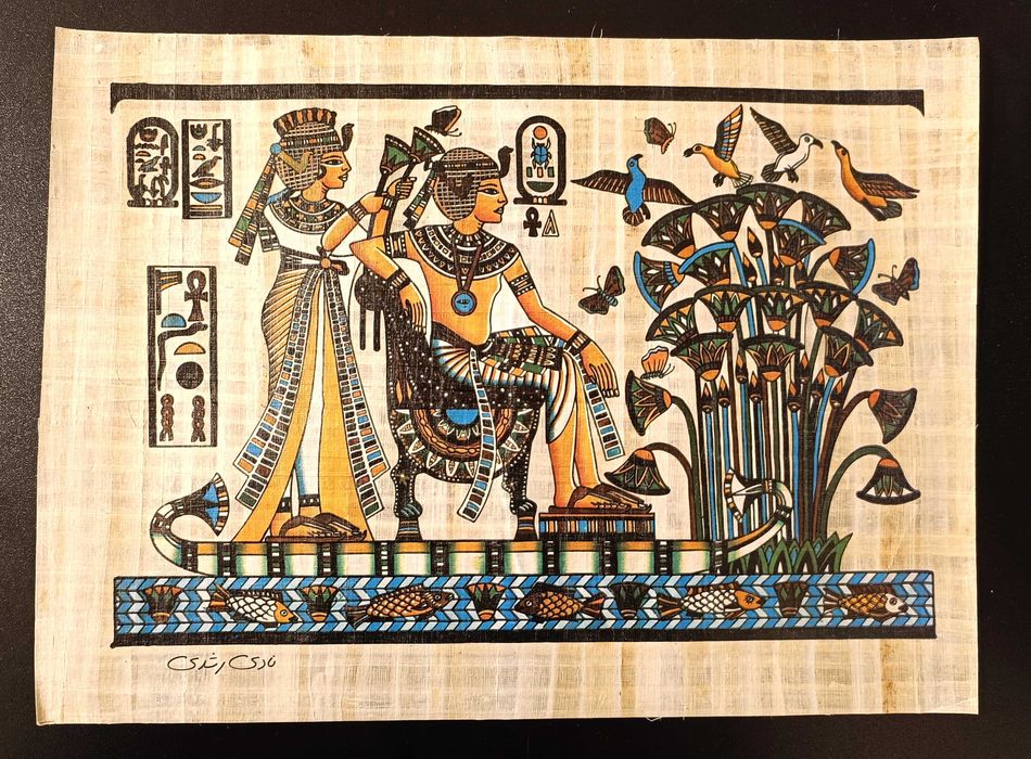 Papirus egiptean autentic — Tutankhamon și Regina Ankhesenamun - papirus înrămat