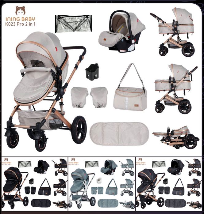 Коляска 3в1 Ining Baby K023 PRO | Люлька + Прогулочный блок | 0–3 лет