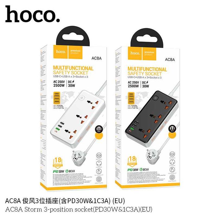 Hoco AC8A Storm Сетевой фильтр 3 розетками и USB-портами PD30W EU/GER